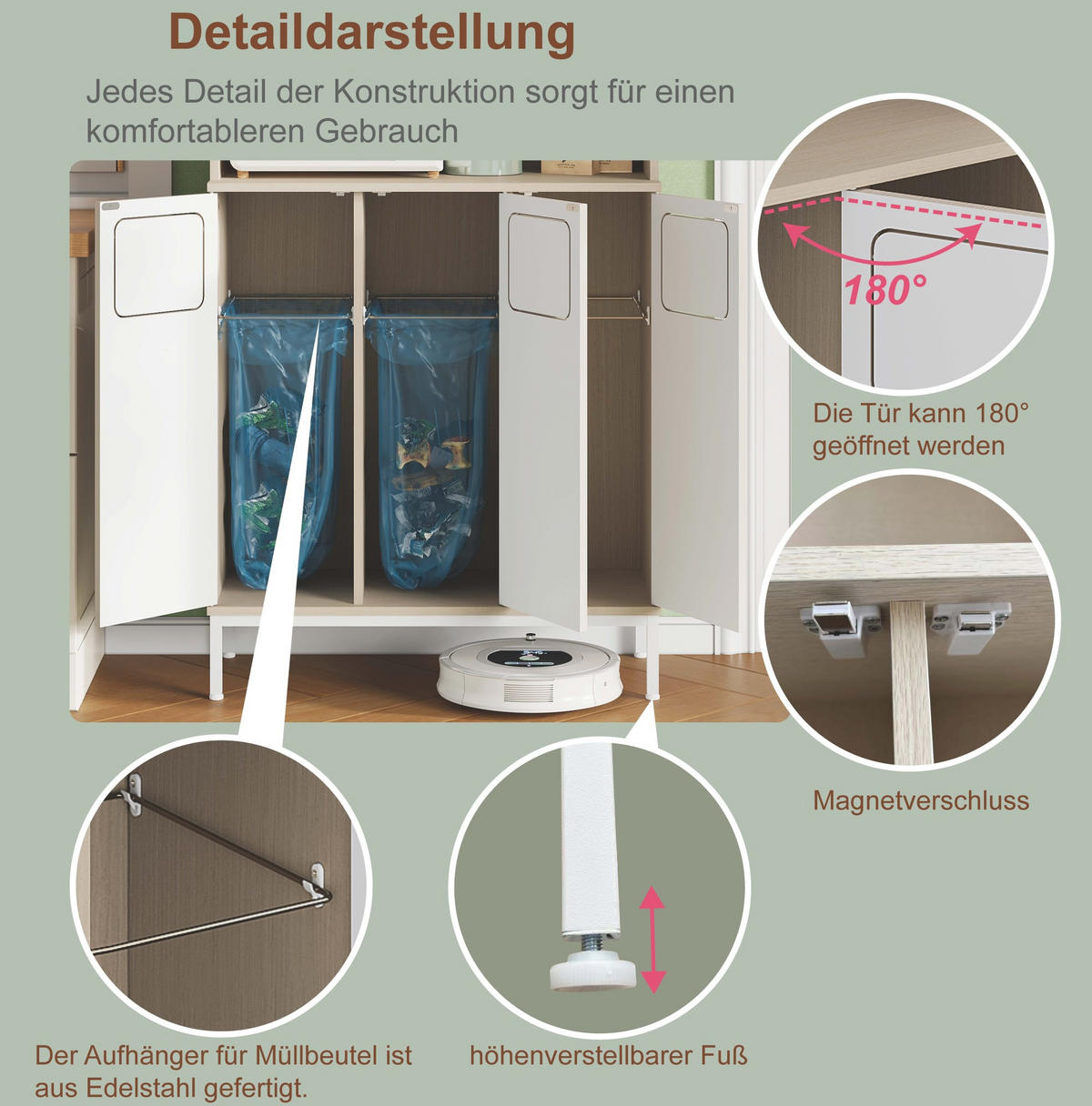 BUFFET aus MDF 35x80x181 cm Weiß mit Müllbereich, Mikrowellenfach und Stauraum für Saugroboter - Weiß, Holzwerkstoff (80/181/35cm) - Modfu