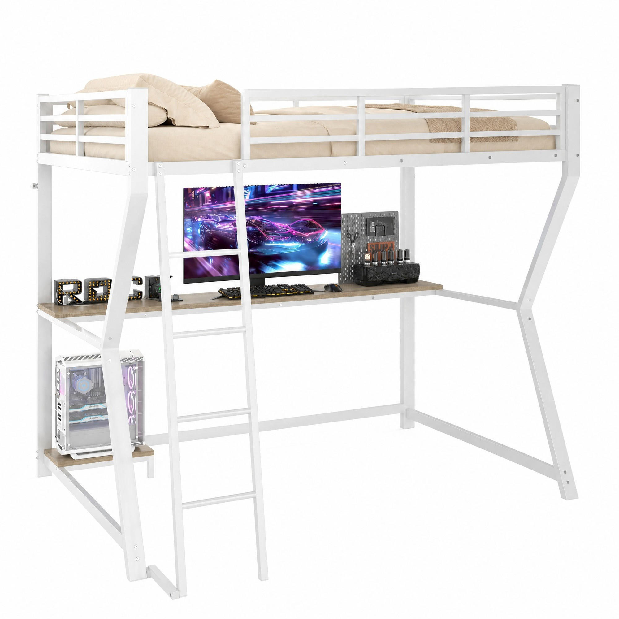 HOCHBETT 90/200 mit LED, Schreibtisch, Steckdose und USB in Weiß - Weiß, Holz/Holzwerkstoff (90/200cm) - EVRYAE