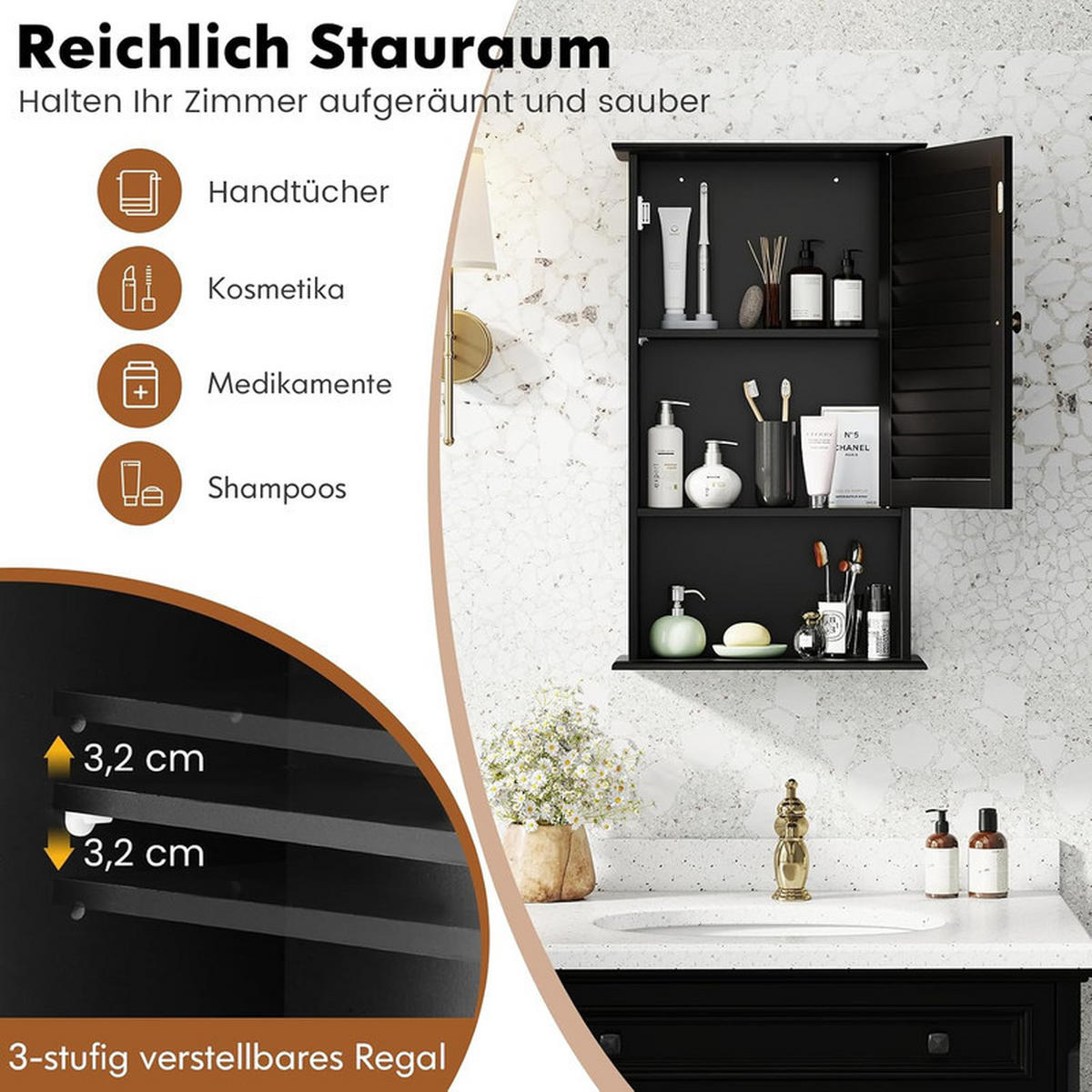 BAD-HÄNGESCHRANK mit verstellbarem Einlegeboden schwarz - Schwarz, Holzwerkstoff (42/70/17cm) - COSTWAY