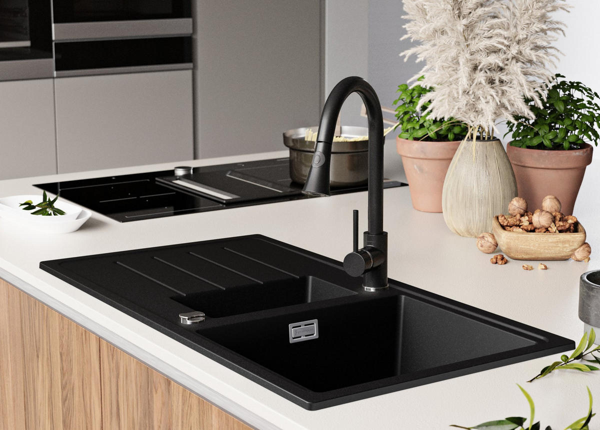 SPÜLBECKEN Kopenhagen Duo, 2-er set Alles Schwarz 90/50 cm 1,5 Becken + Ablauf-Set ab 60er Unterschrank - Schwarz, Kunststoff (90/19/50cm) - Primagran