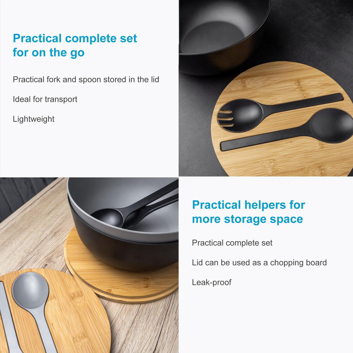 SALATSCHÜSSEL mit Besteck - Schwarz, Kunststoff (24.5cm) - Intirilife