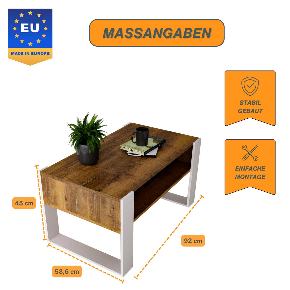 COUCHTISCH Holzwerkstoff rechteckig stabil Nussbaumfarben 45/53,6/92cm - Nussbaumfarben/Weiß, Holzwerkstoff (53.6/92/45cm) - CraftPAK