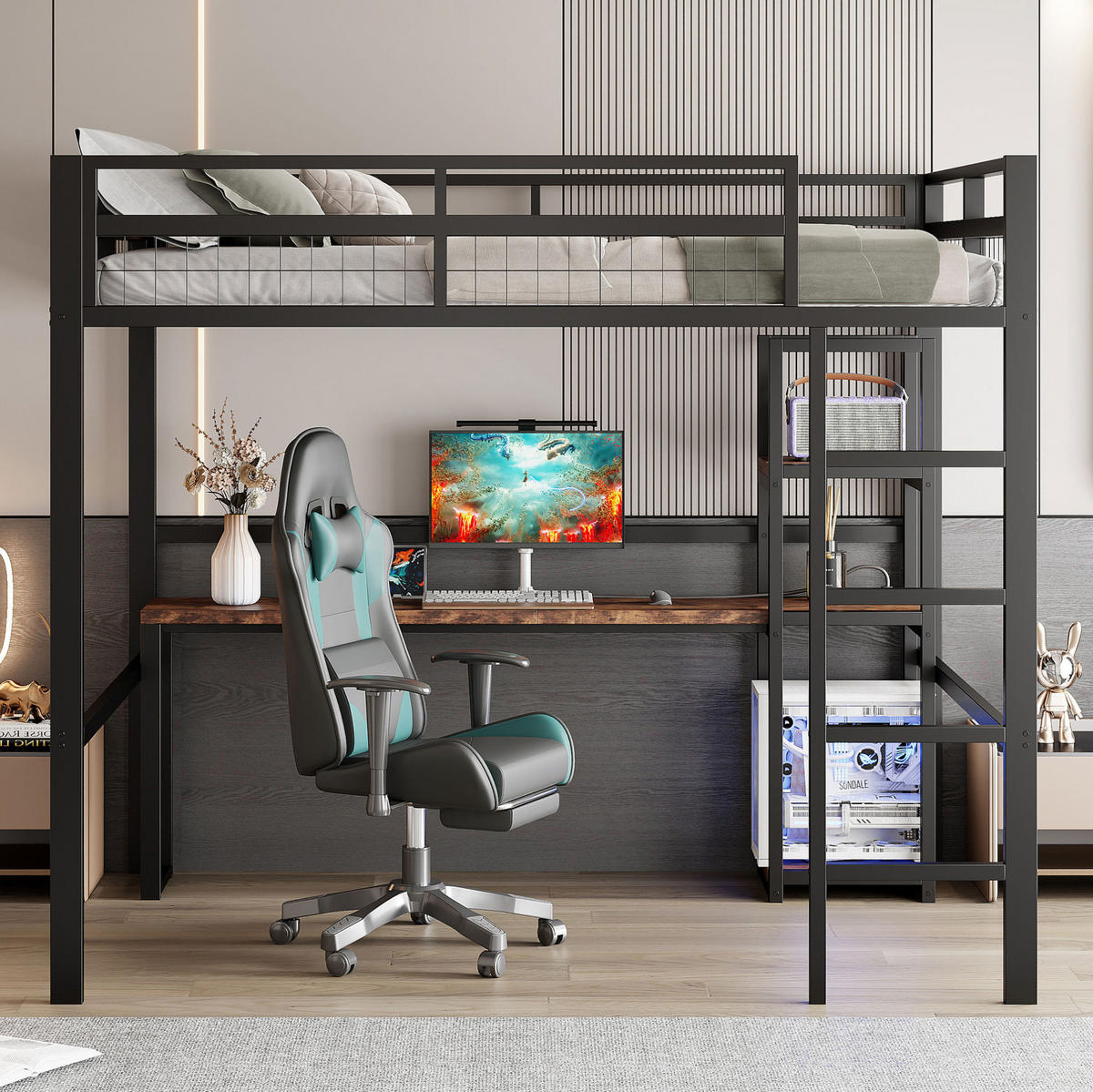 HOCHBETT aus Metall und MDF 140x200 cm Schwarz mit Schreibtisch, Regalen und USB-Type-C-Anschluss - Schwarz, Metall (140/190cm) - IVMEU