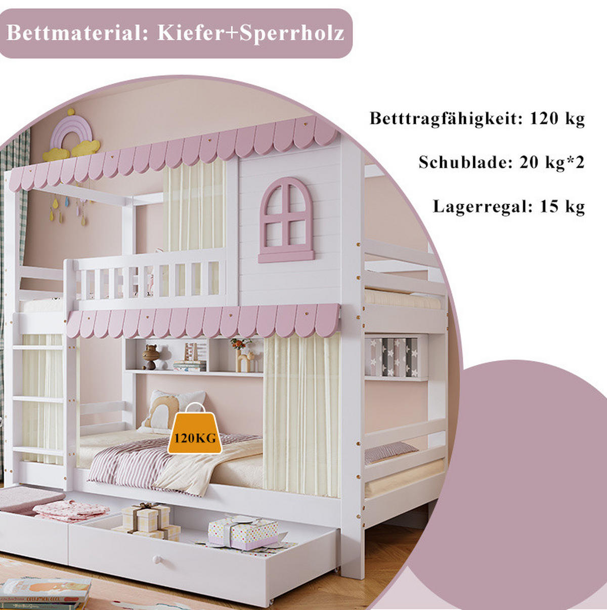 ETAGENBETT 90/200 cm mit Fallschutz, Fenster, Vorhängen, Regalen und 2 Schubladen, Weiß/Rosa - Weiß, Holzwerkstoff (90/200cm) - Redom