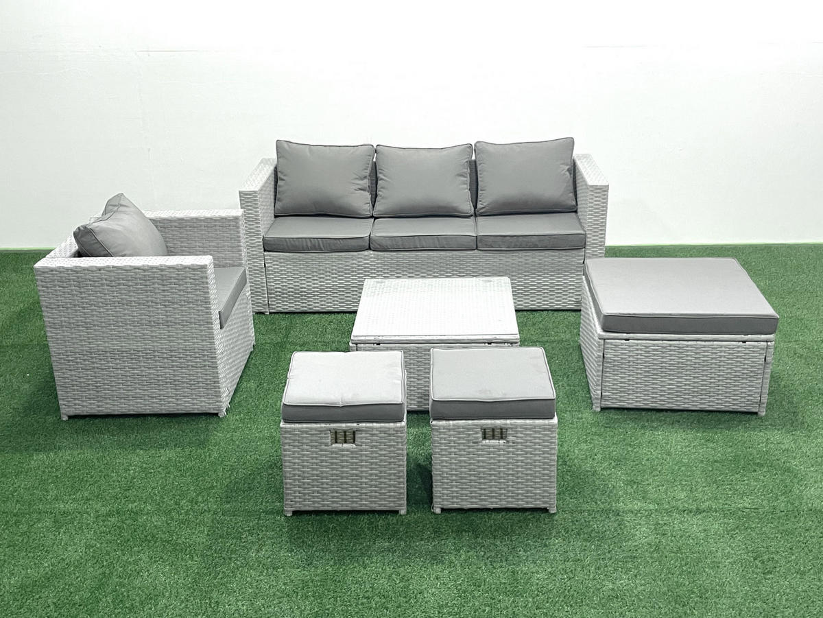 GARTENMÖBEL-SET mit Kissen Polyrattan Hellgrau-Mix 5-Sitzer - Hellgrau/Grau, Glas/Kunststoff - Fimous