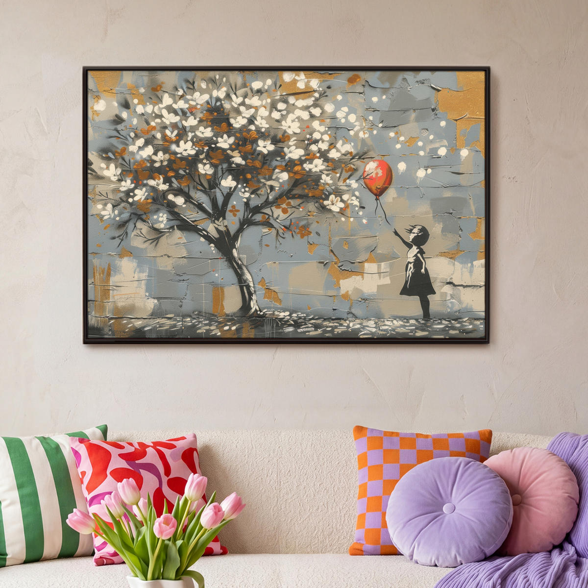 LEINWAND Bilder mit Rahmen - Baum - Graffiti - Banksy-Stil - Ballon-Mädchen - 90x60 - Blaugrau, Textil (90/60cm) - MuchoWow