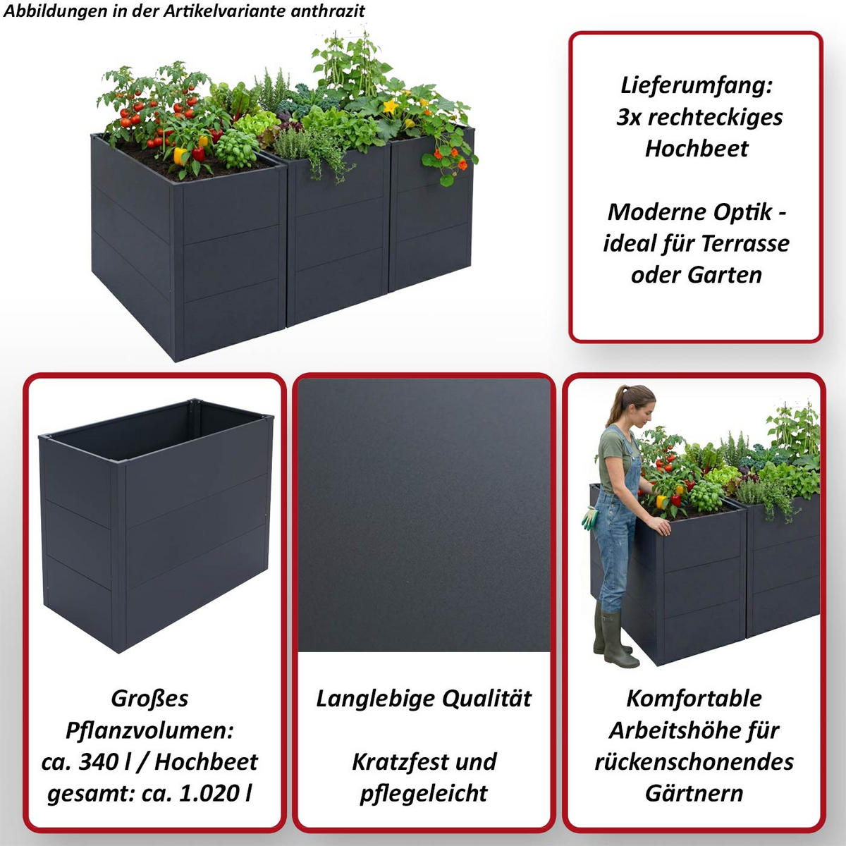 HOCHBEET 3ER-SET Grau 3er-Set-Set - Grau, Metall (150/77/100cm) - MCW