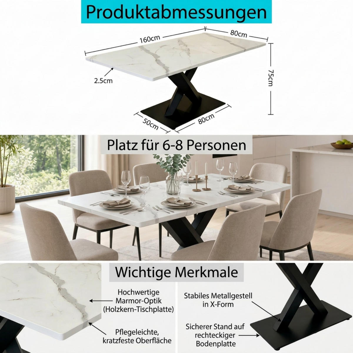 ESSTISCH Weiß/Schwarz 160/80/75 cm - Weiß, Holz (80/160/75cm) - PANGIVO