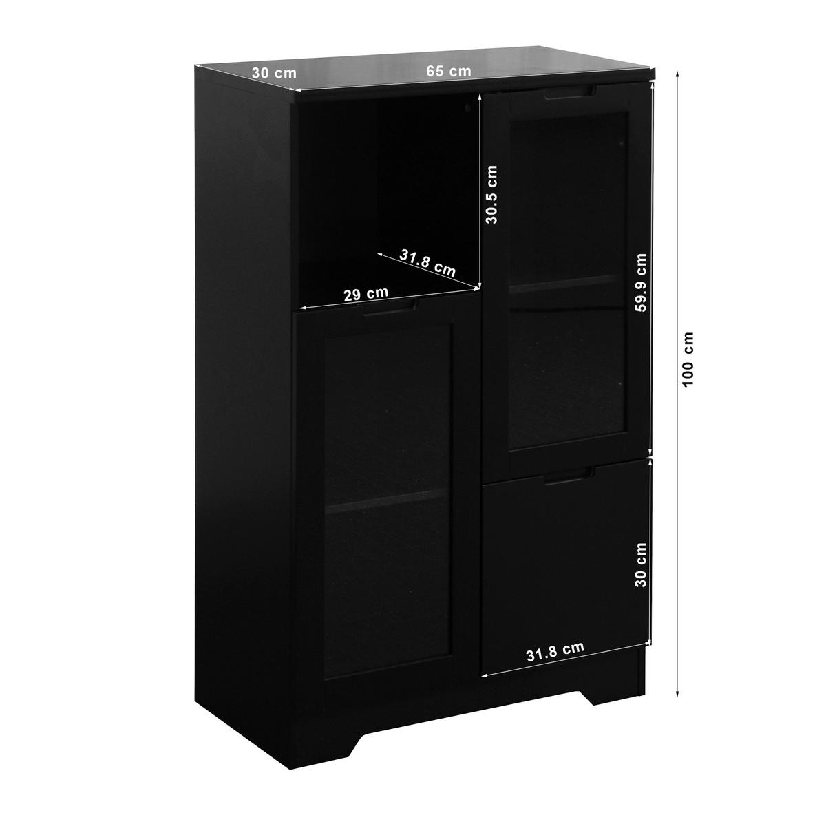 KOMMODE mit 2 Glastüren und verstellbaren Einlegeböden, MDF, grifflose Optik, 65/30/100 cm, Schwarz - Schwarz, Holzwerkstoff (65/100/30cm) - Redom