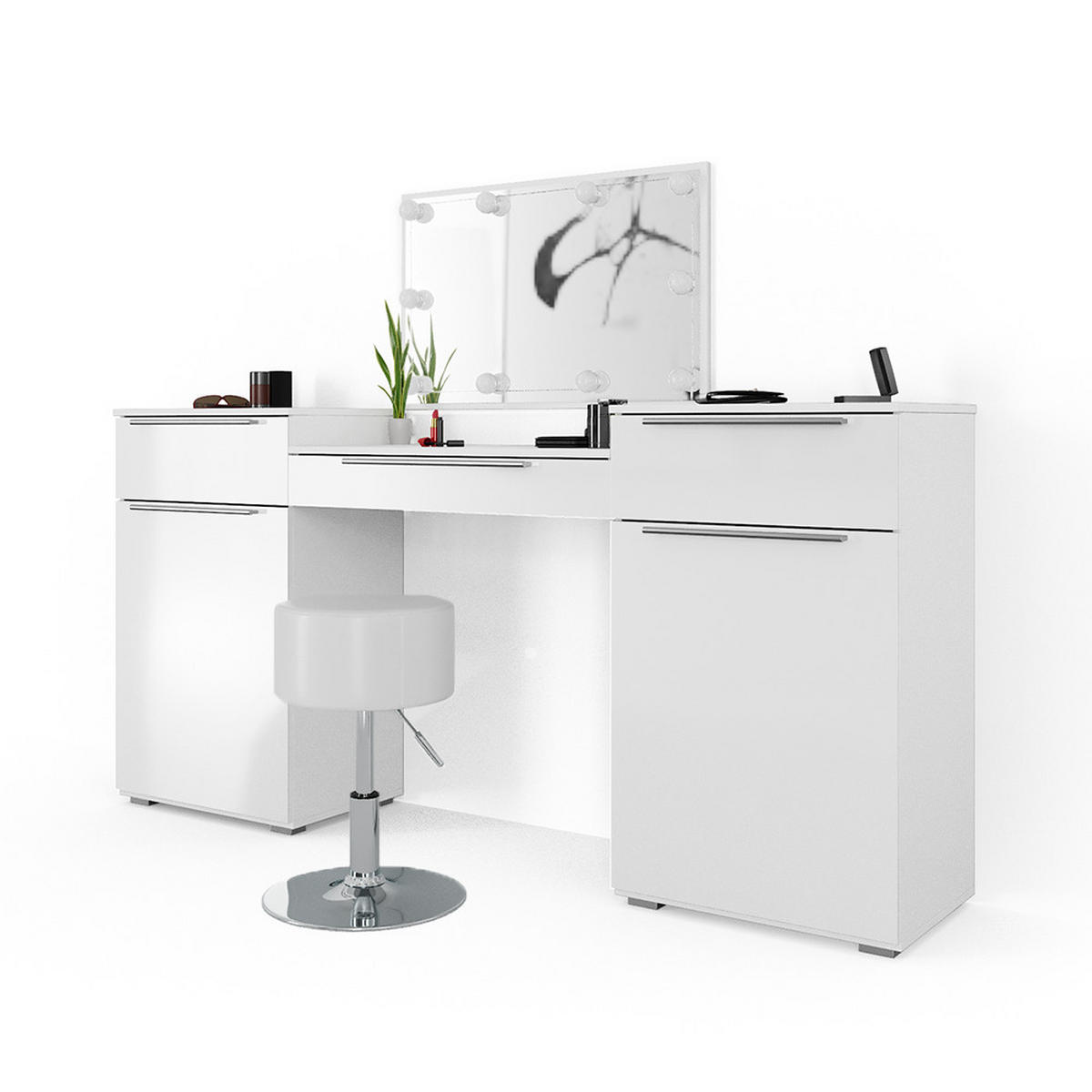 SCHMINKTISCH Lilli Weiß 190 cm mit LED Beleuchtung und Hocker - Weiß, Holzwerkstoff (190/90/39cm) - Vicco