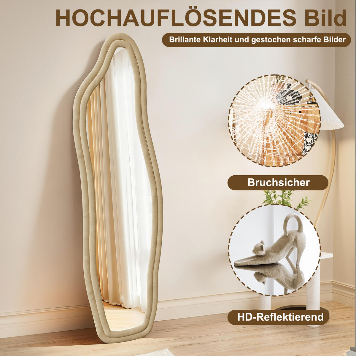 STANDSPIEGEL Ganzkörperspiegel,160 x 50 cm Spiegel in unregelmäßiger Form, Delfin-Spiegel, Samtrahmen, gelb - Gelb, Glas (50/160/3cm) - WoodenAura
