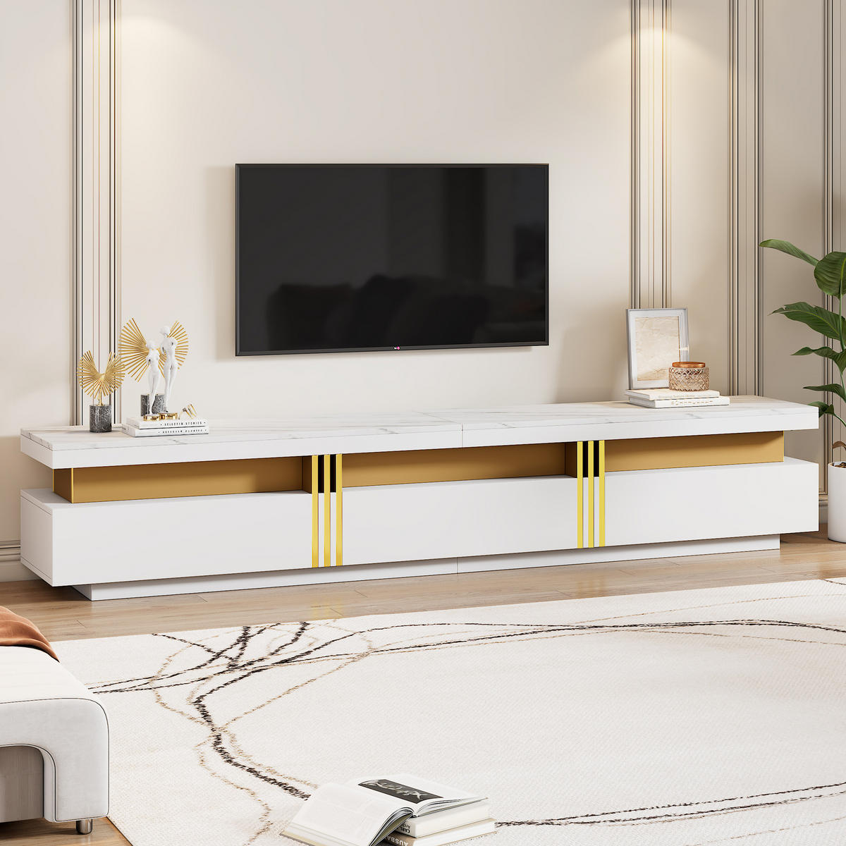 TV-SCHRANK weiß mit Marmor-Optik Tischplatte 200 × 40 × 42 cm - Weiß, Holzwerkstoff (200/42/40cm) - Luhomfu