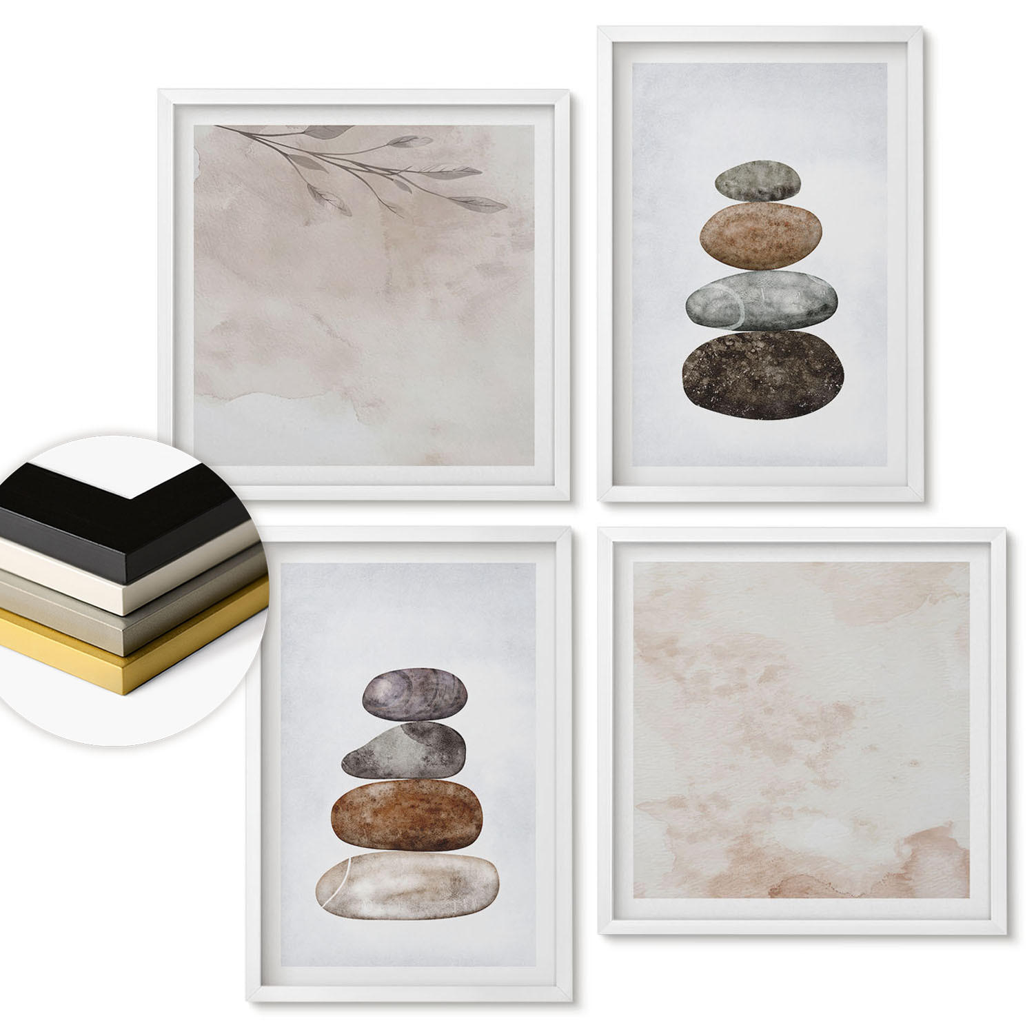 WANDBILDER 4er-Set - 50x50 cm & 40x60 cm Weißer Rahmen - Steinstapel-Boho-Malerei - Weiß, Kunststoff (50/50cm) - ArtPrintCave