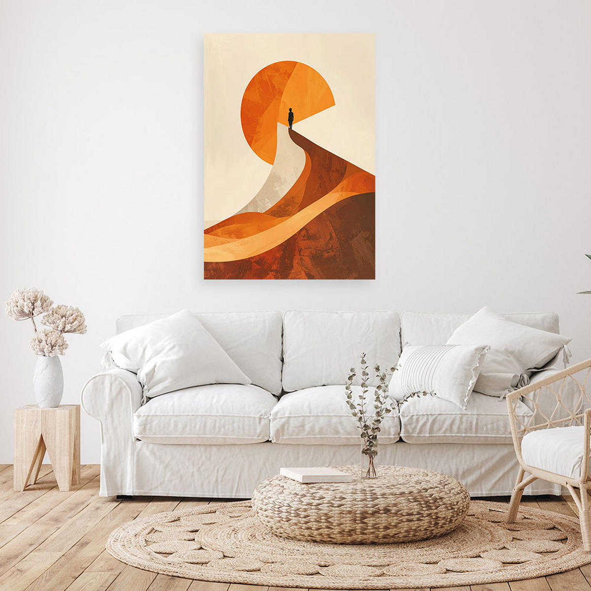 BILD auf Leinwand, Minimalistische Abstraktion mit orangefarbenen Wellen - Orange, Textil (70/100cm) - Feeby
