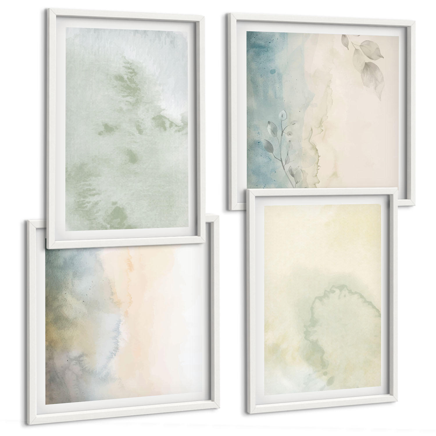 BILDER SET 4er Set - 50x50 cm & 40x60 cm Weißer Rahmen - Pastellfarbene Aquarell-Leinwandtextur - Weiß, Kunststoff (50/50cm) - TULUP