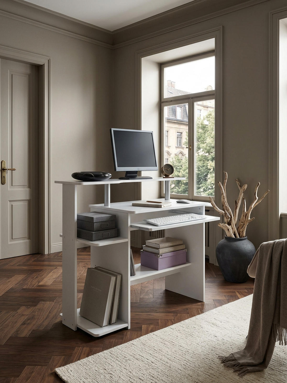 SCHREIBTISCH – Weiß, Tastaturauszug, Stauraum, zeitloses Design - Weiß, Holz (48/94/90cm) - KADIMA DESIGN