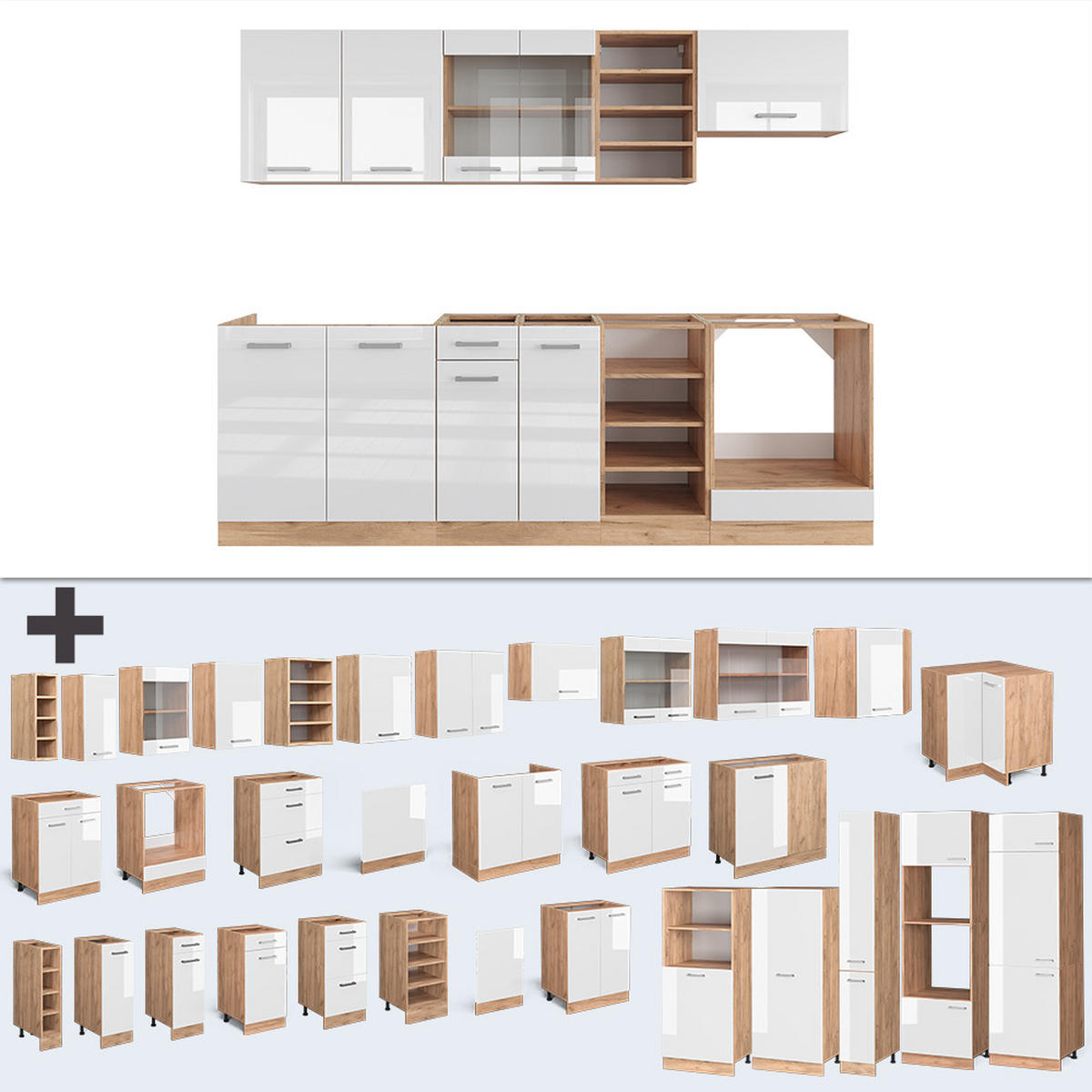 KÜCHENZEILE R-Line Weiß Hochglanz/Goldkraft Eiche 240 cm, AP Anthrazit - Weiß Hochglanz/Eiche Wotan, Holzwerkstoff (240/81.6/60cm) - Vicco