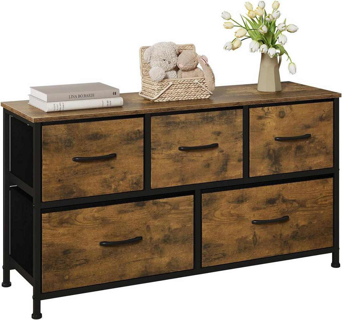KOMMODENSCHRANK mit 5 Schubladen aus Holzwerkstoff ,Metallrahmen,Vintagebraun - Dunkelbraun/Schwarz, Holzwerkstoff/Metall (100/54/30cm) - Woltu