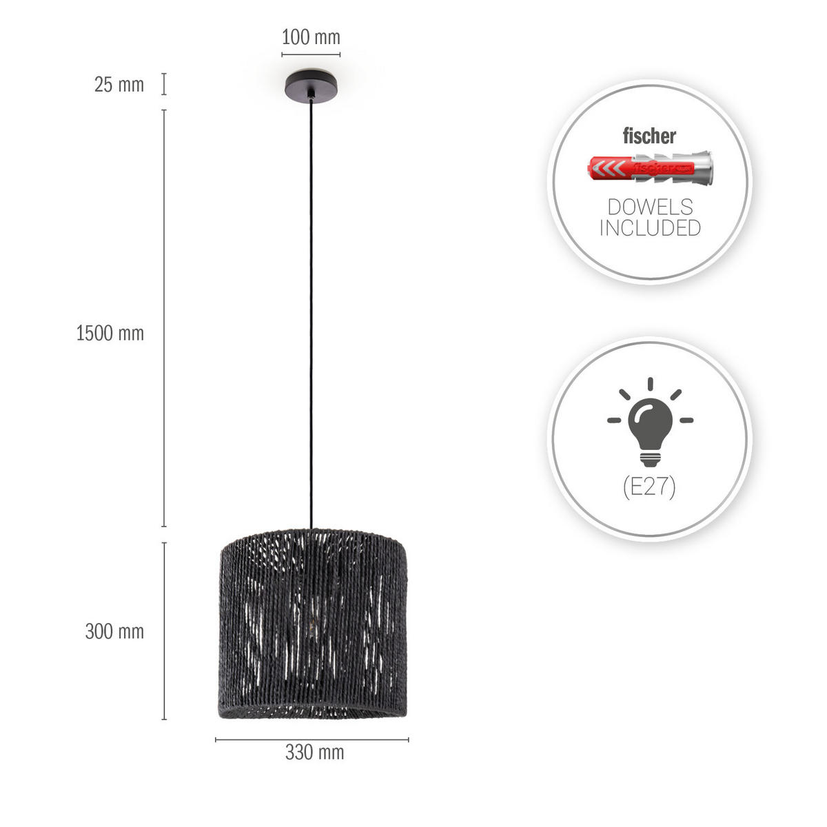 PENDELLEUCHTE Hugo Pd1 Ramira - Schwarz, Metall (33/33/30cm) - Paco Home