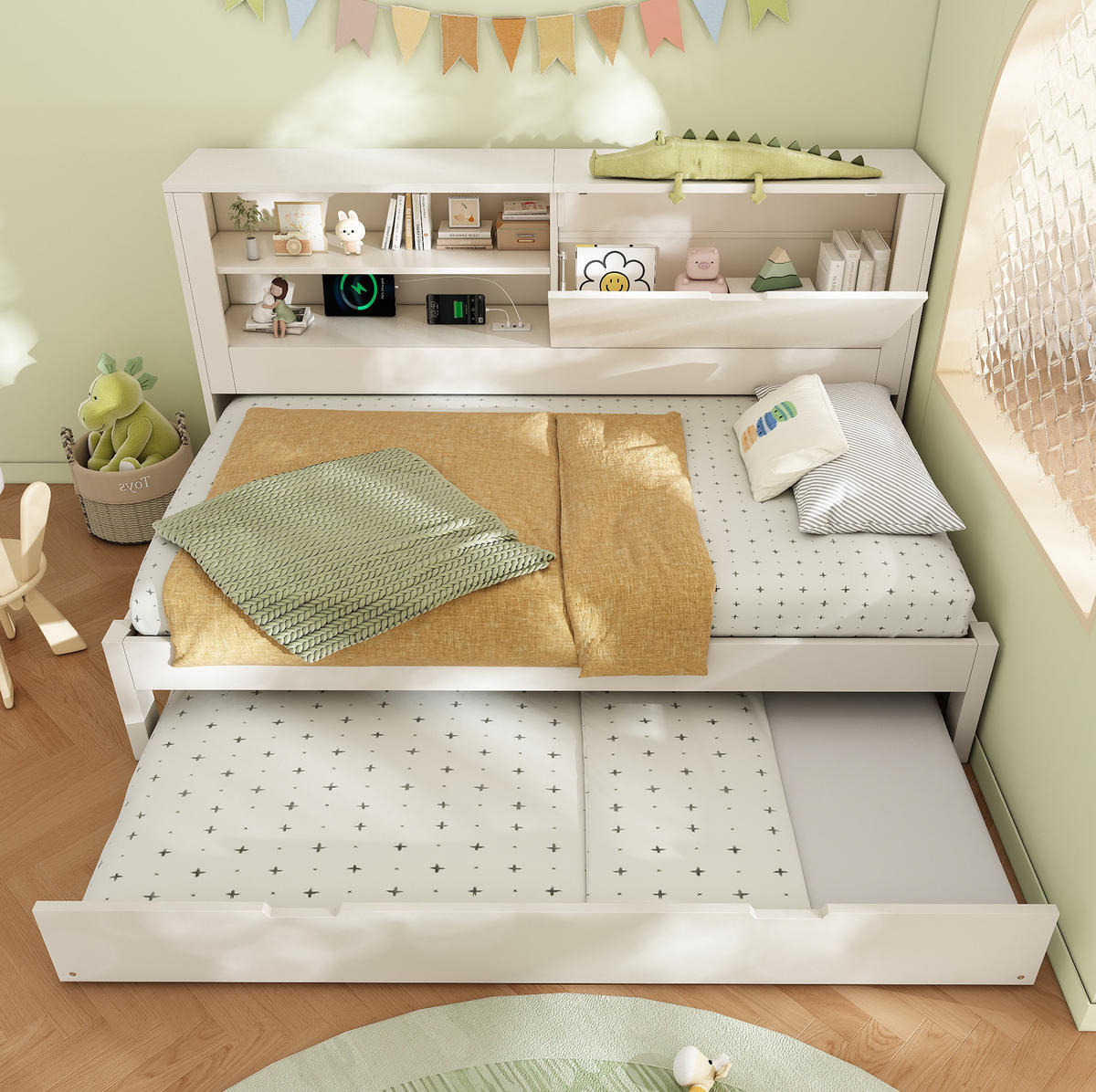 ČALÚNENÁ posteľ s prístelkou 90/190 cm biela, drevená, s úložným priestorom a USB nabíjaním - biela, textil (90/190cm) - BEAOK