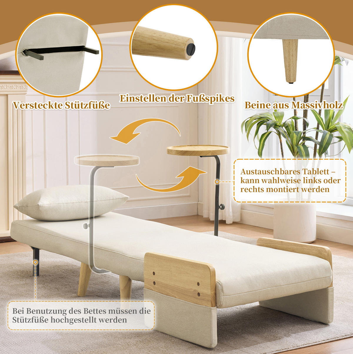 SESSEL 88/74,5/66 cm mit Schlaffunktion und Holztablett in Beige - Beige, Textil (88/74.5/66cm) - BEAOK