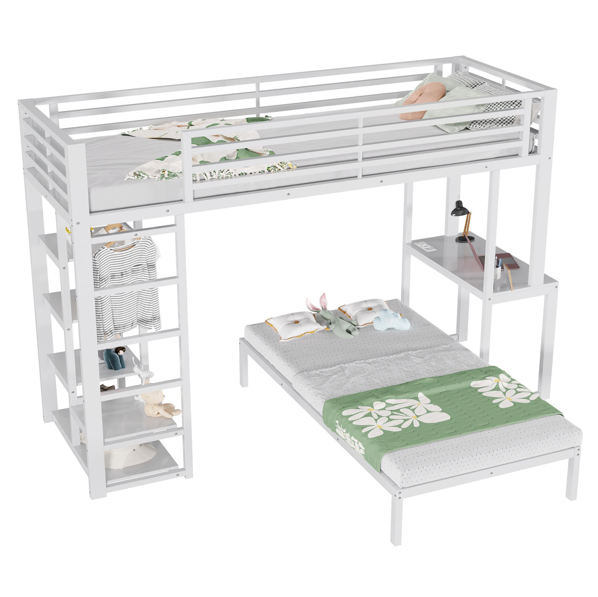 ETAGENBETT 90/200 cm Weiß mit Schreibtisch und Kleideraufbewahrung - Weiß, Metall (90/200cm) - MIVRAY