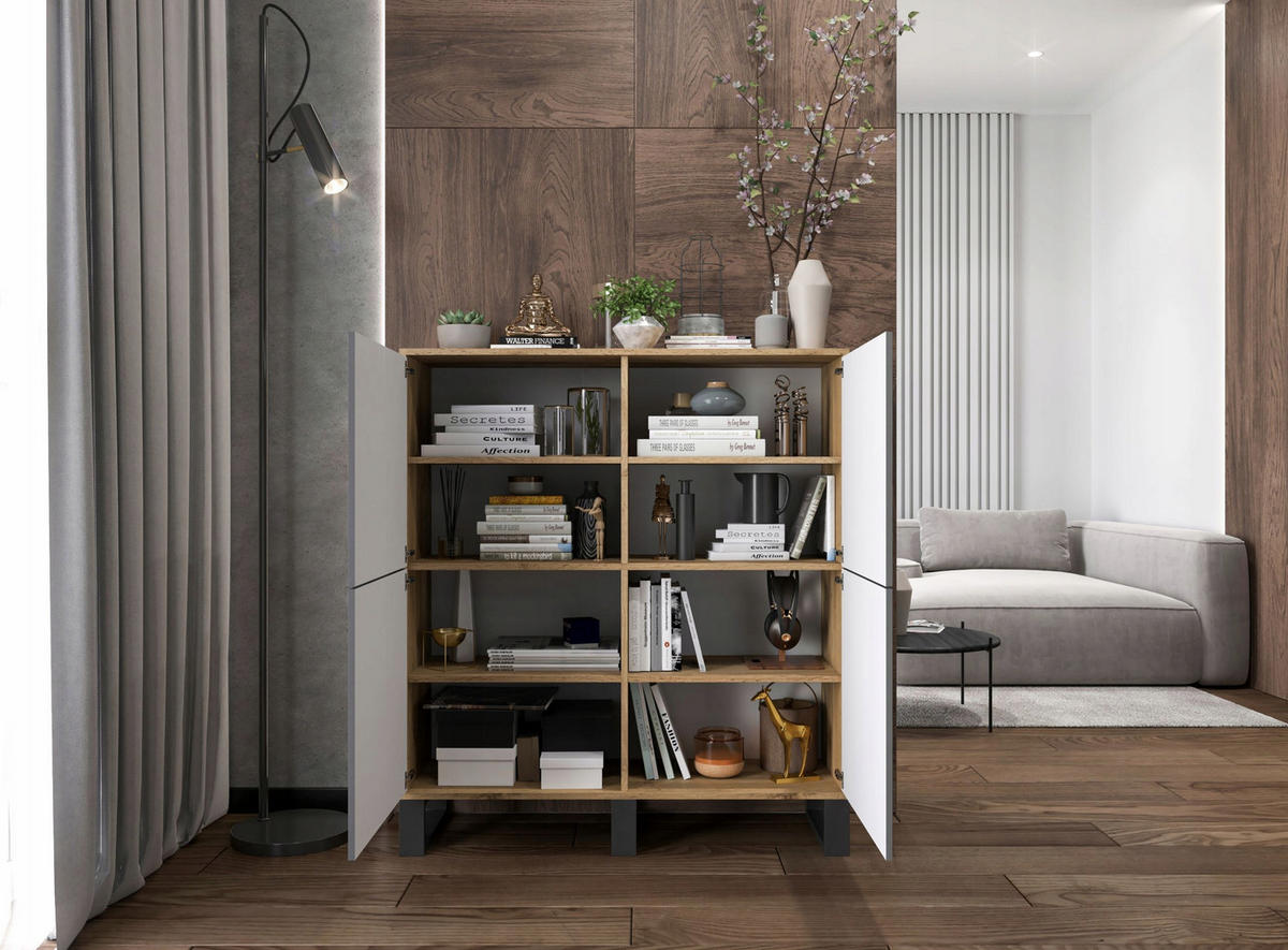 KOMMODE Apollo 4D Eiche wotan Graphit Matt mit metallbeinen 113 cm - Graphitfarben/Schwarz, Holzwerkstoff/Metall (113/127/35cm) - Meble Lindner