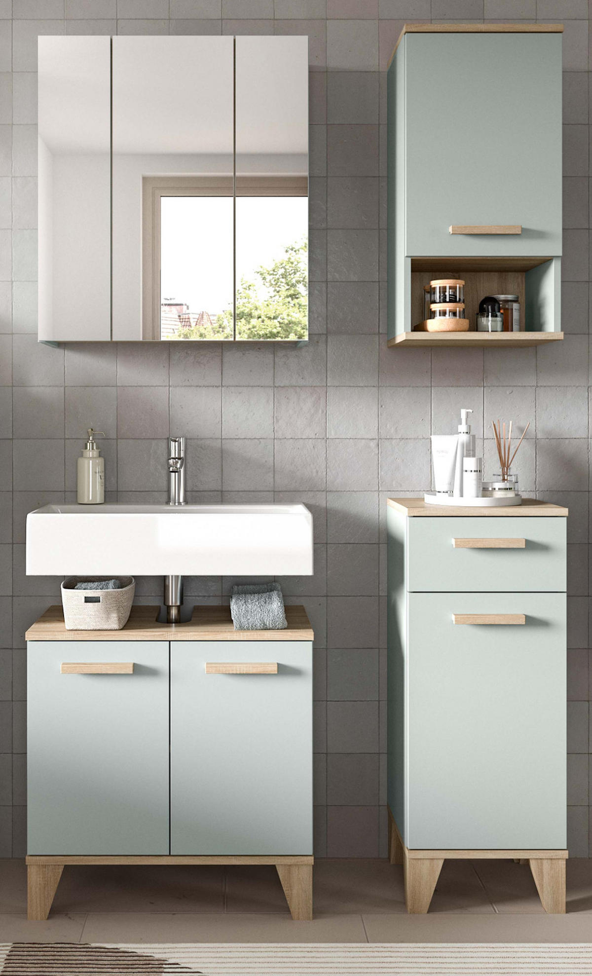 BADMÖBEL-SET 4-teilig grün, Eiche 109 x 190 cm, Badkombination skandinavisches Design - Eichefarben/Grün, Glas/Holzwerkstoff (109/190/34cm) - Inn.Furn