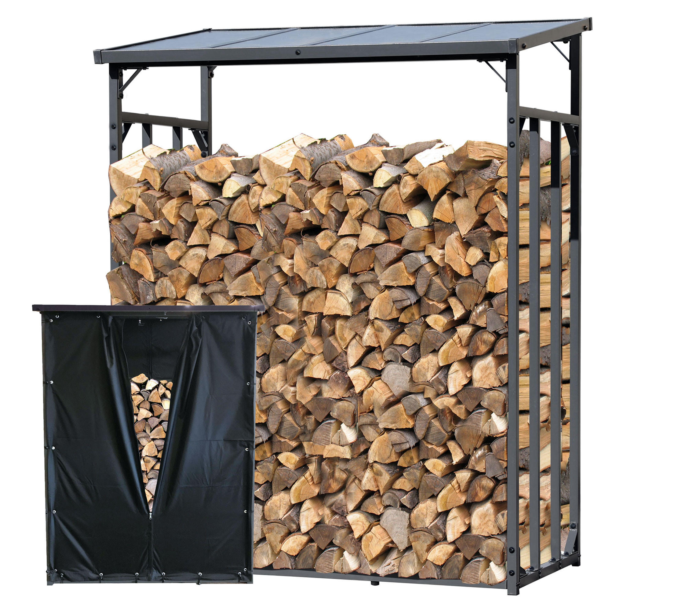 KAMINHOLZREGAL Außen Promo 143x70x185 cm Metall Anthrazit mit Wetterschutz 1,8 m³ / 2,5 SRM - Anthrazit/Schwarz, Metall (143/185/70cm) - QUICK STAR