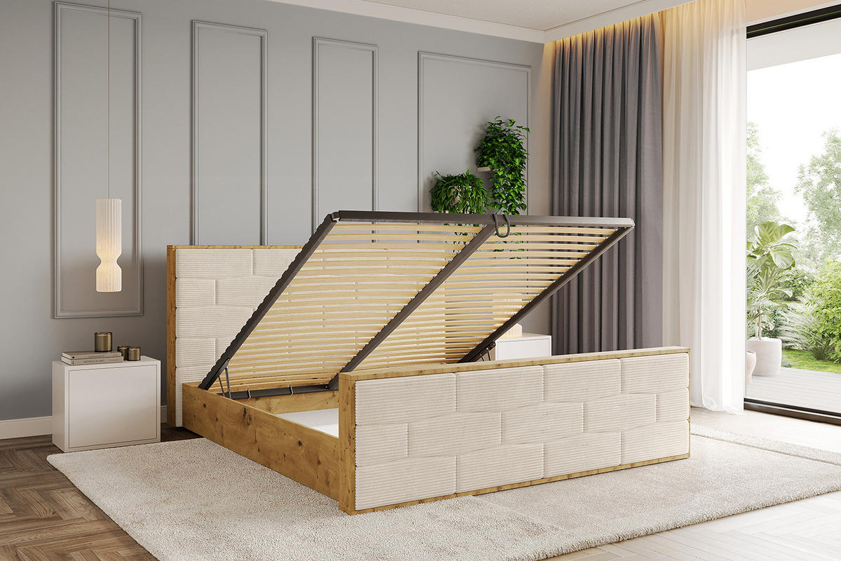 POLSTERBETT mit Bettkasten, Fußteil und Lattenrost, Boxbett mit Matratze H3/H4 - ENZO8-Z 140x200 Beige - Creme, Holzwerkstoff/Textil (140/200cm) - ALTDECOR