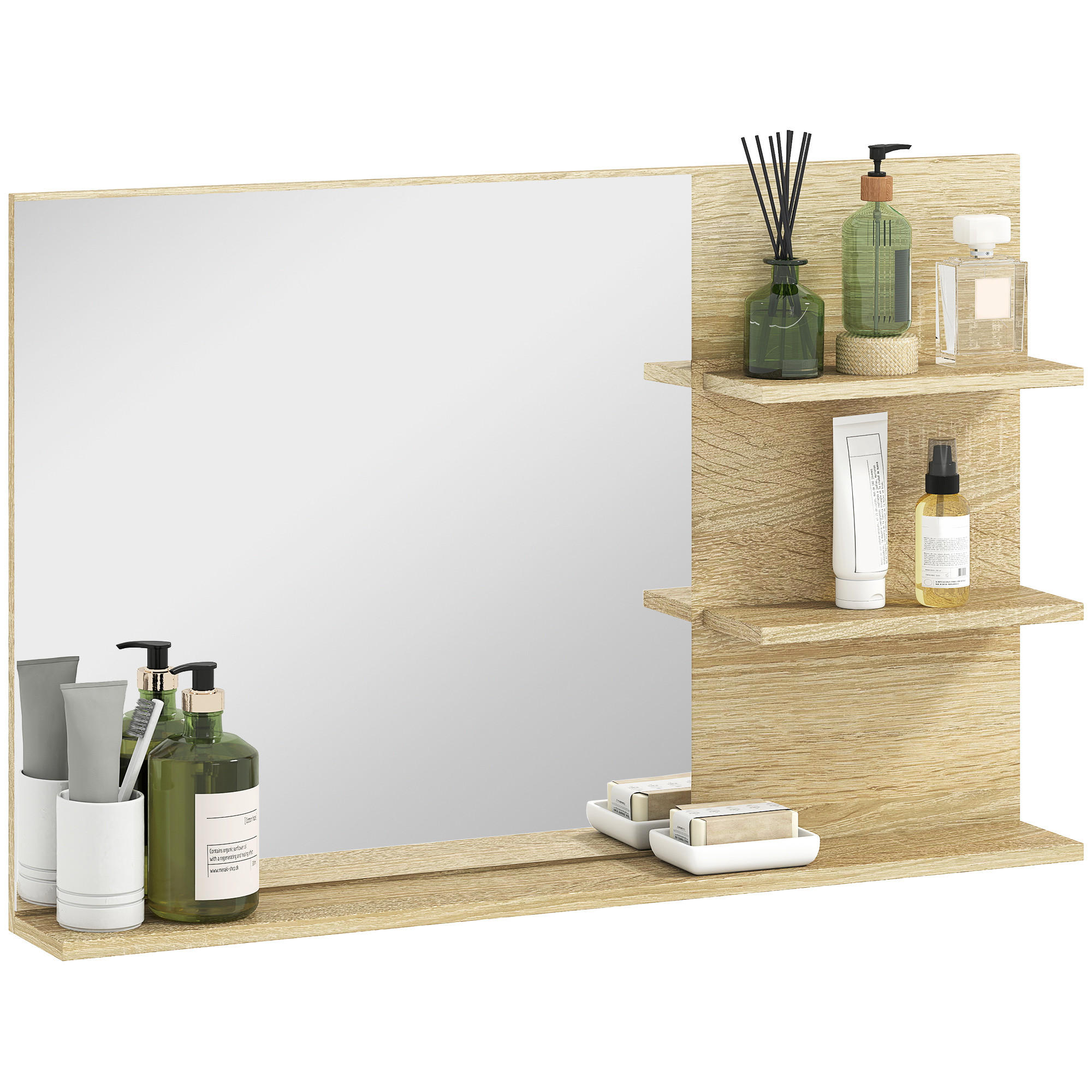 BADEZIMMERSPIEGEL mit zwei seitlichen Ablagen und einer unteren Ablage,75 x 10 x 48 cm ,Holzfarbe - Braun, Glas (10/48/75cm) - Vallsero