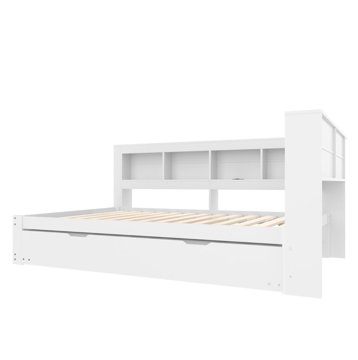 BETT aus Kiefer und MDF 140x200 cm Weiß mit ausziehbarem Rollbett, 2 Schubladen, Steckdose und 2 USB-Anschlüssen - Weiß, Holzwerkstoff (140/200cm) - Modfu