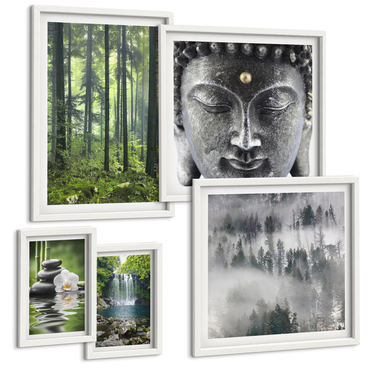 BILDER SET 5er Set - 50x50 cm & 20x30 cm & 40x60 cm Weißer Rahmen - Harmonie der Natur, Steine, Wasser, Buddha - Weiß, Kunststoff (40/60cm) - TULUP