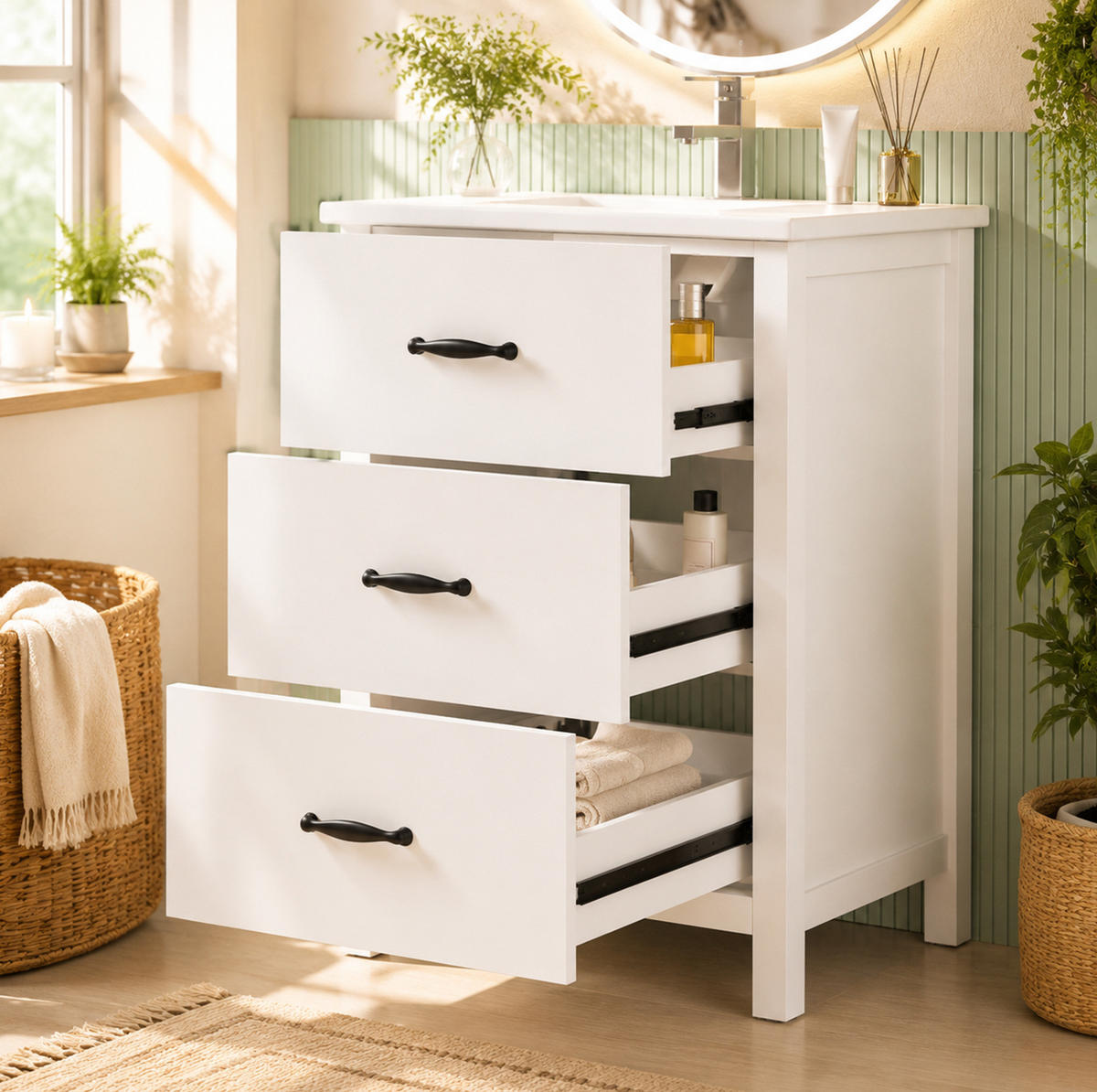 FREISTEHENDER Waschtisch aus MDF und Keramik 61x47x83 cm Weiß mit 3 Schubladen und Keramikbecken - Weiß, Keramik (61/83/47cm) - Modfu