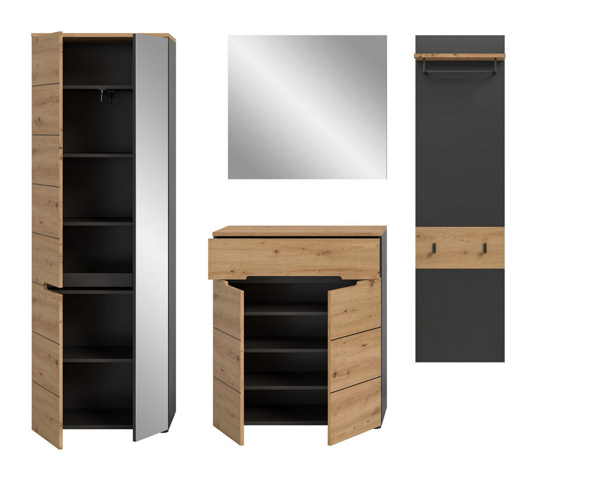 GARDEROBEN-SET CANU 4-tlg. (B/H/T: ca. 220/190/37 cm) in Basalt grau/Artisan Nachbildung - Grau, Holzwerkstoff (220/190/37cm)