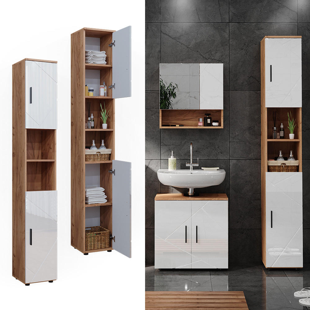 BADSCHRANK Irma Eiche 30 x 192 cm mit Türen, und offenen Fächern - Weiß Hochglanz, Holzwerkstoff (30/192/30cm) - Vicco