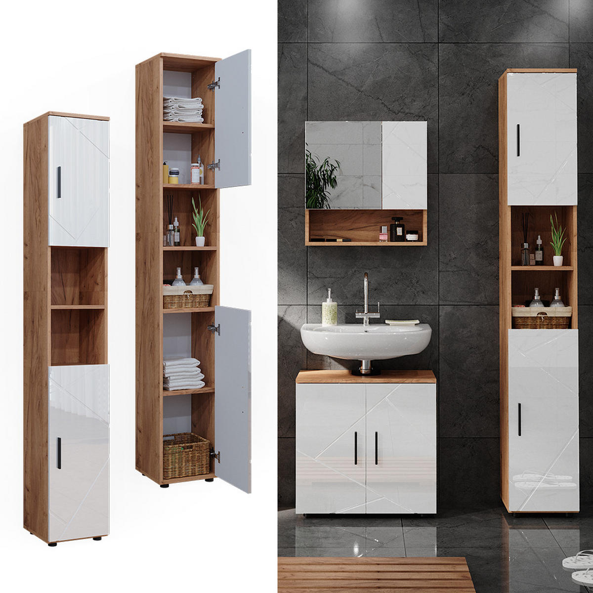 BADSCHRANK Irma Eiche 30 x 192 cm mit Türen, und offenen Fächern - Weiß Hochglanz, Holzwerkstoff (30/192/30cm) - Vicco
