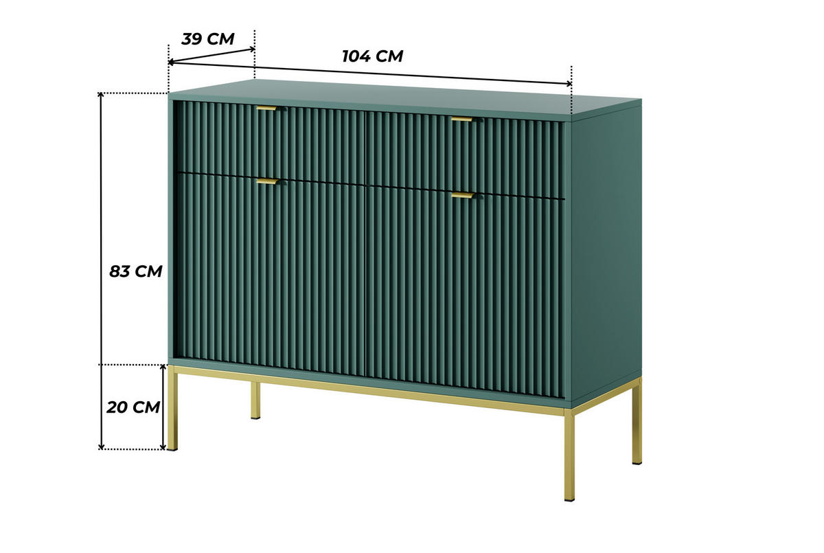 GRÜNE Moderne Geriffelte Kommode KIOTO K2D2SZ (Gold Gestell, Soft-Close Türen) - Dunkelgrün/Goldfarben, Holz/Holzwerkstoff (104/83/39cm) - Ravio