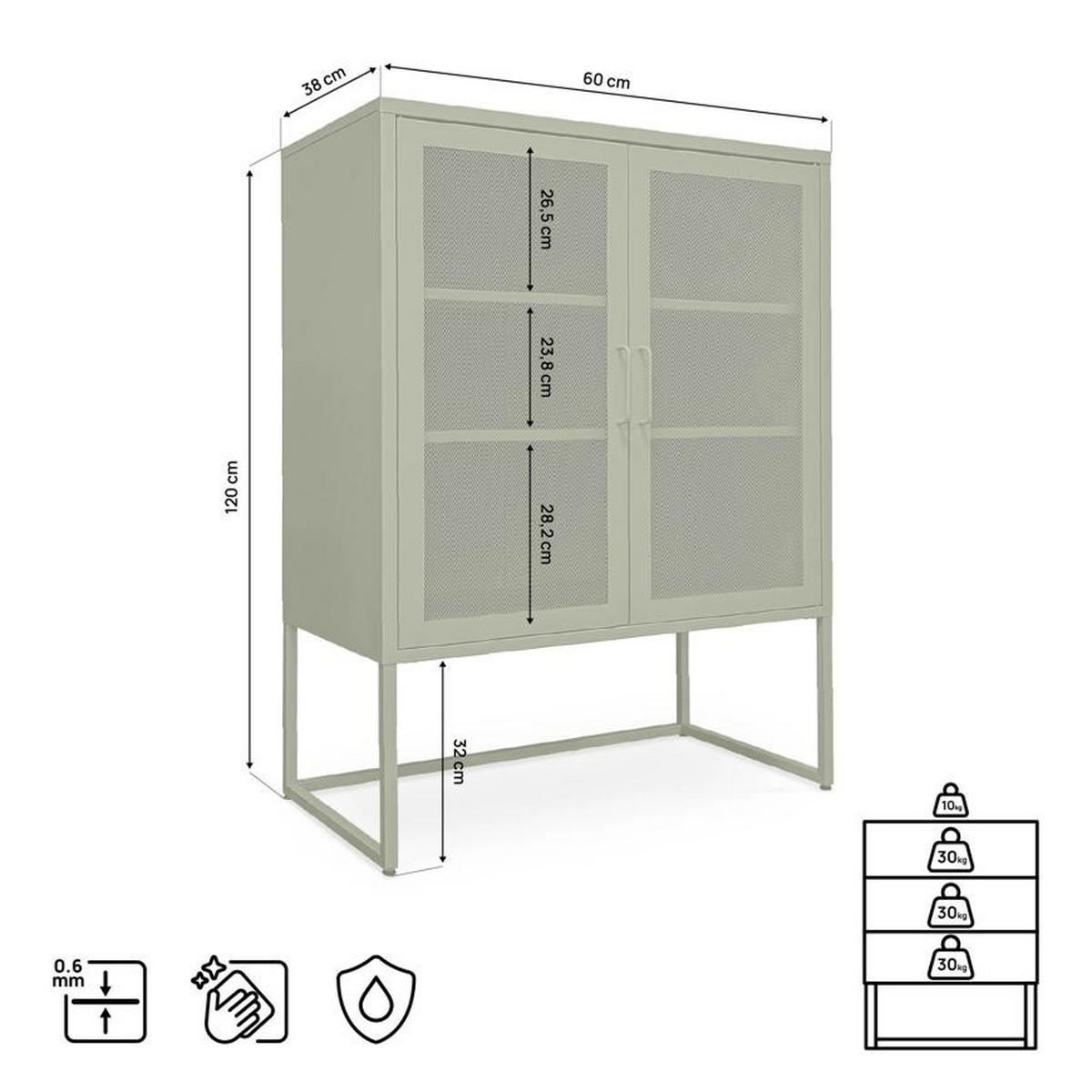 HIGHBOARD im Industrial-Design aus Metall H.120cm 2 Türen Streckmetall Olivgrün - Kai - Grün, Metall (85/120/45cm) - Sicaan