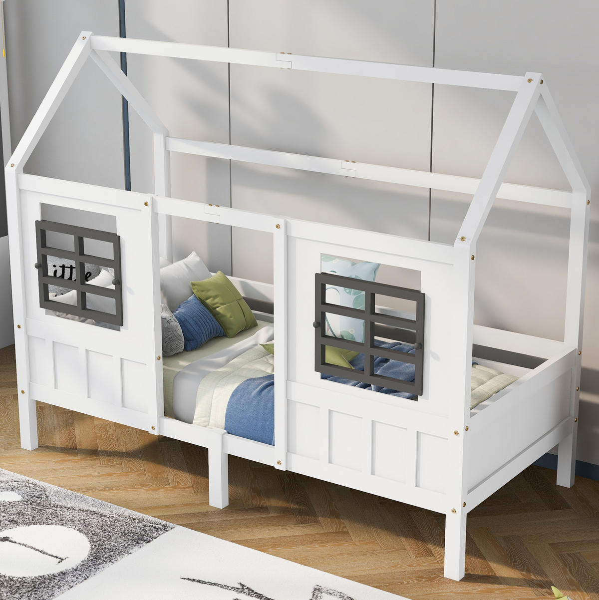POSTELJA v obliki hiše 200/90 cm bela z 2 oknoma iz masivnega lesa in MDF - bela, les (90/200cm) - OKWISH