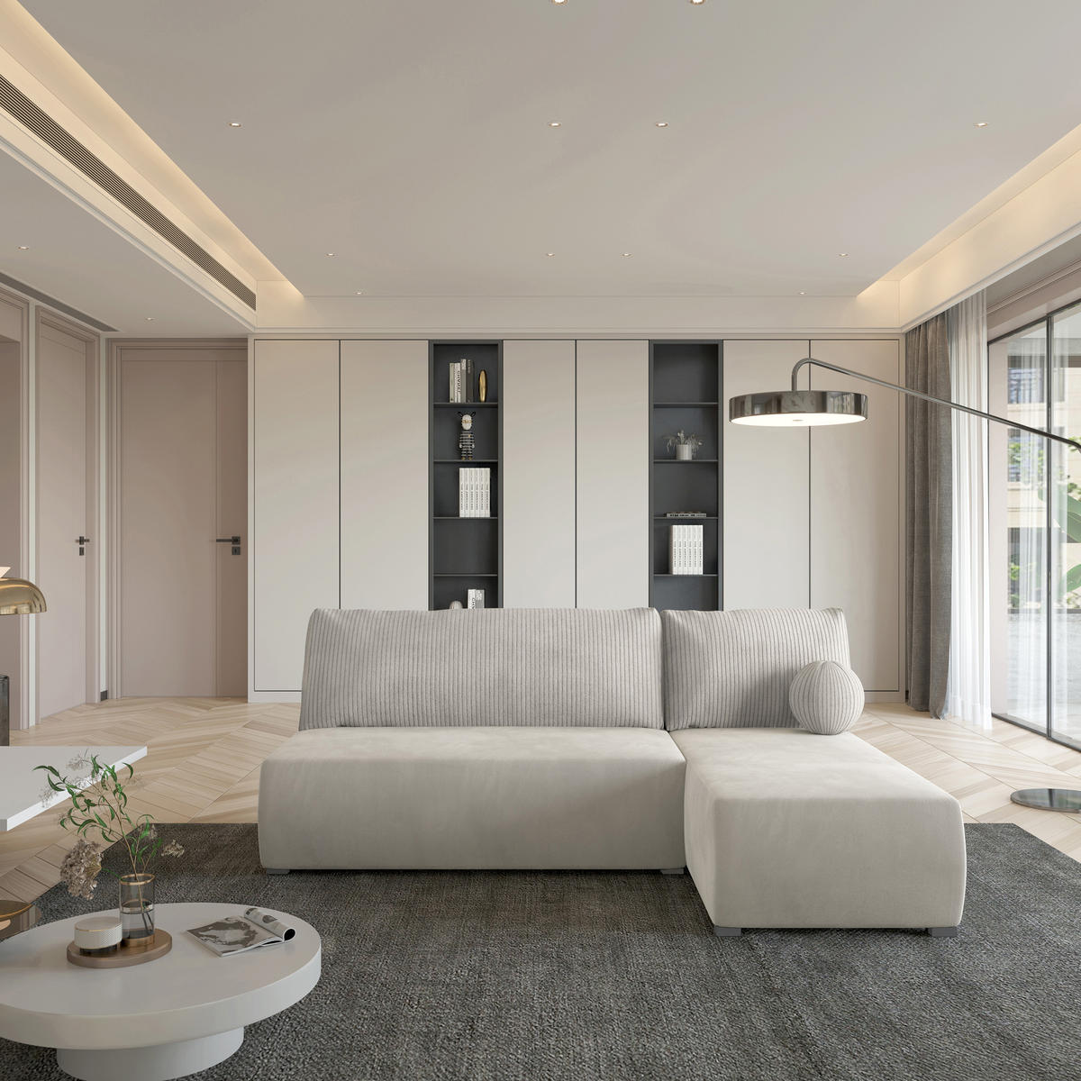 ECKSOFA PARVELO Creme Plüsch-Stoff mit Schlaffunktion - Creme, Holz (200/143cm) - MASSENO