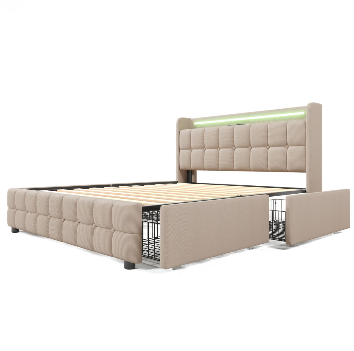POLNJENA postelja iz lesa in kovine 160x200 cm bež z LED osvetlitvijo, USB priključki in 4 predali - bež, leseni material (160/200cm) - Modfu