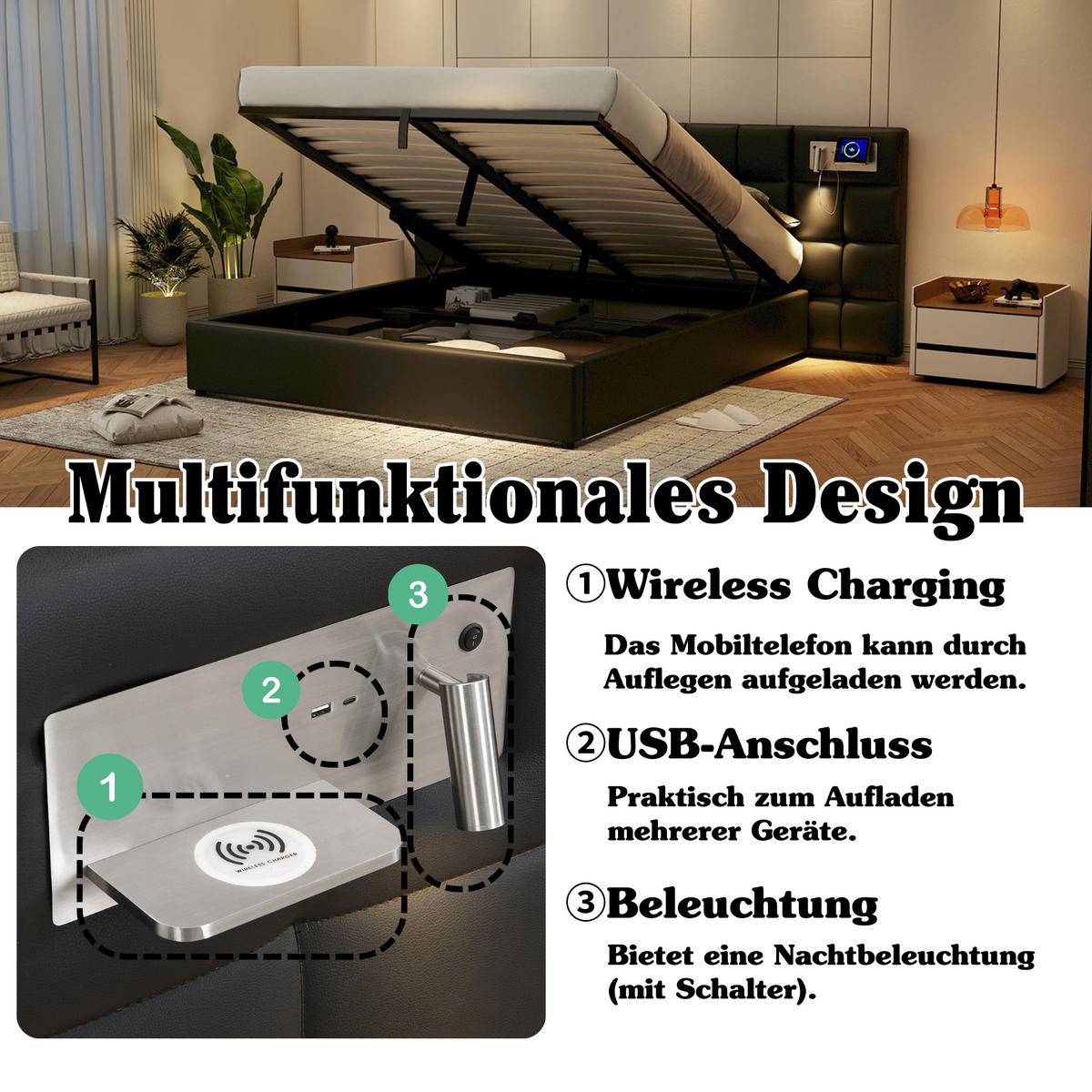 POLSTERBETT 180/200 cm in Schwarz mit Bettkasten, LED, USB und kabelloser Ladefunktion - Schwarz, Holzwerkstoff/Textil (180/200cm) - STILVORA