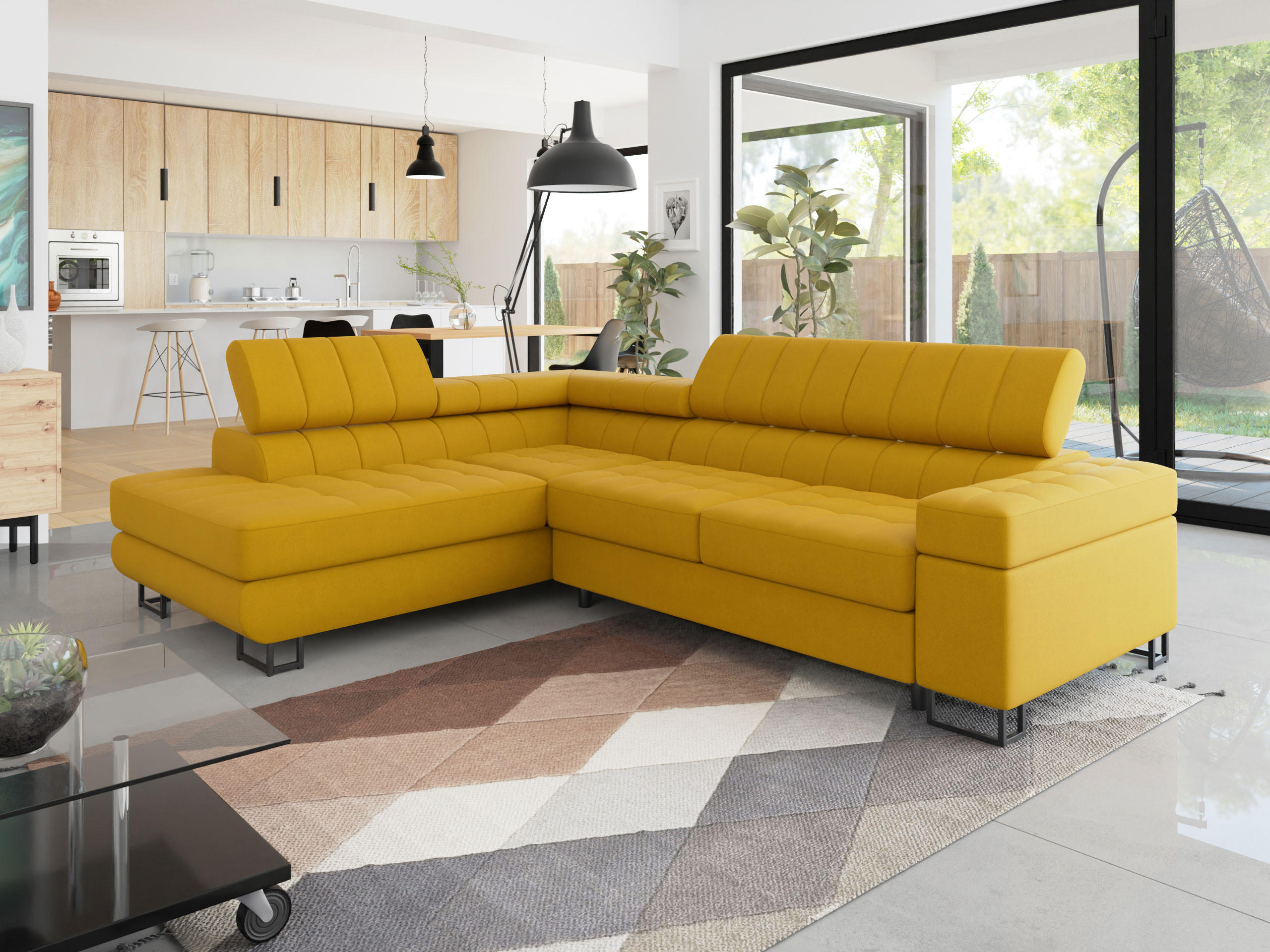 ECKSOFA Laris Premium, Seite: Links - Gelb/Schwarz, Holz/Textil (271/203cm) - MIRJAN24
