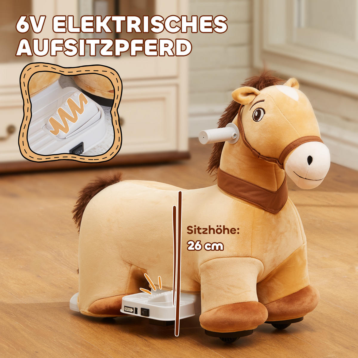 ELEKTRISCHES Pferd, Braun, Polyester, Kunststoff, 69cm x 34cm x 53cm - Braun, Kunststoff (69/34/53cm) - AIYAPLAY