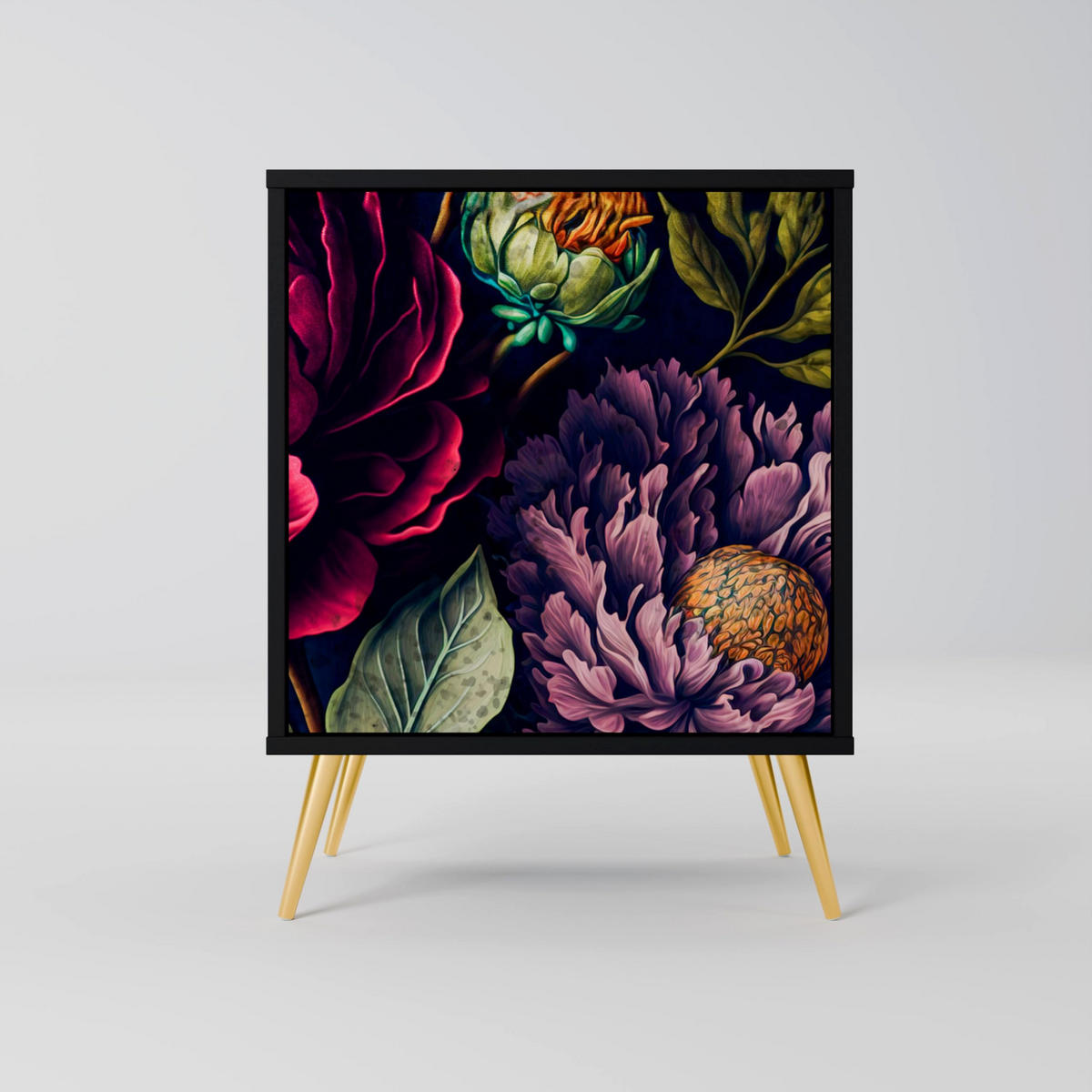 SIDEBOARD BLOOMING ELEGANCE, Schwarz, 57,5x42x75,5 cm, Goldfarbene Metallfüße - Goldfarben/Multicolor, Holzwerkstoff/Metall (57.5/75.5/42cm) - SpaceRebels