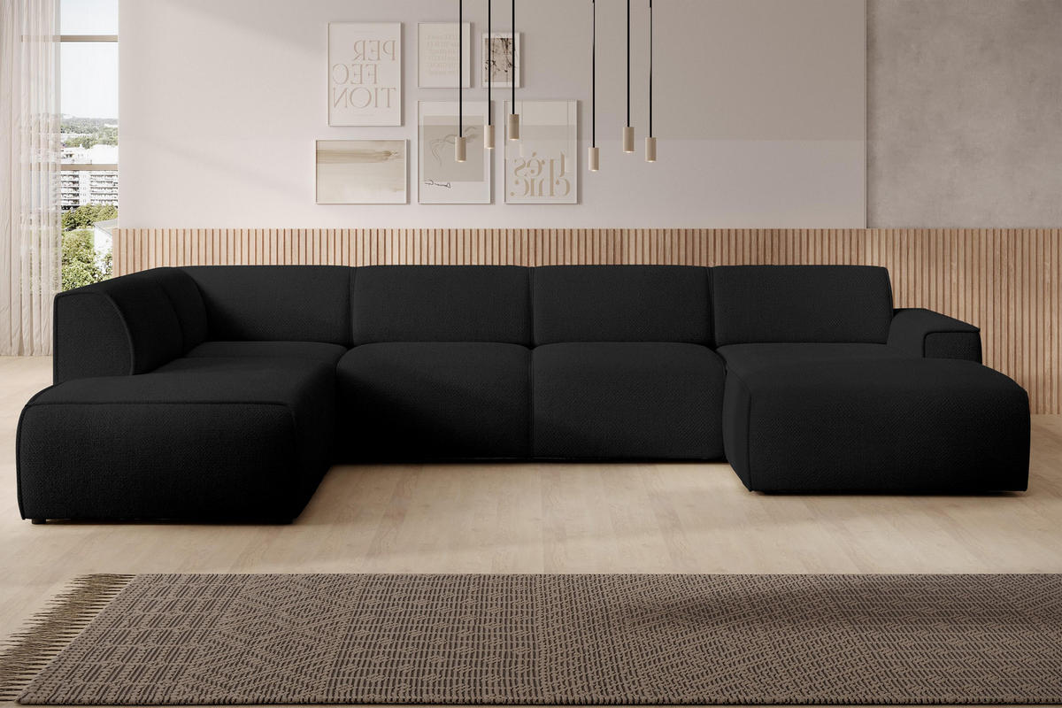 WOHNLANDSCHAFT Didim Schwarz 378/220/78 cm – großes Sofa stilvoll & bequem L - Schwarz, Kunststoff/Textil (220/78/378cm) - AX Living