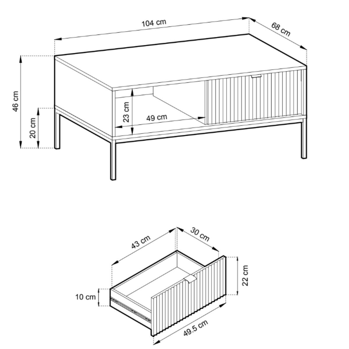WEISSER Moderner Geriffelter Couchtisch KIOTO Ł2SZ (Schwarzes Gestell, Vollauszug) - Goldfarben/Schwarz, Holz/Holzwerkstoff (68/104/46cm) - Ravio