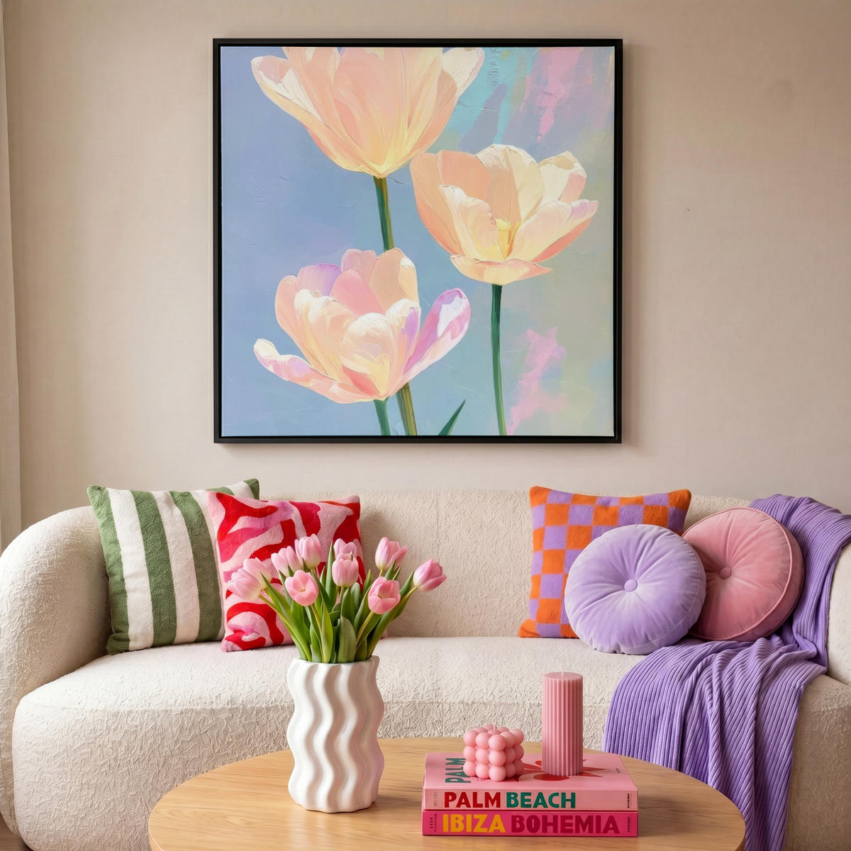 LEINWAND Bilder mit Rahmen - Tulpen - Rosa Akzente - Blau - 90x90 - Pastellblau, Textil (90/90cm) - MuchoWow