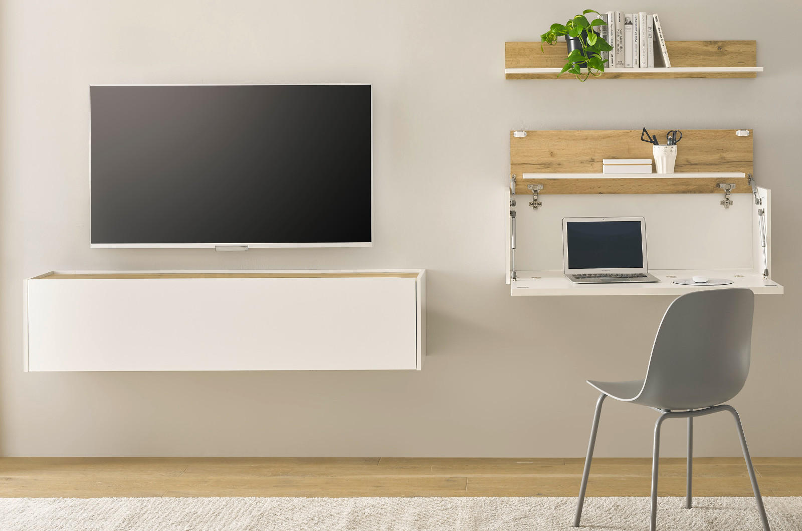 WOHNWAND weiß matt, Eiche Wotan 3-teilig 270 cm, Wohnkombination mit Sekretär - Eiche Wotan/Weiß, Holz/Holzwerkstoff (270/170/30cm) - Furn.Design